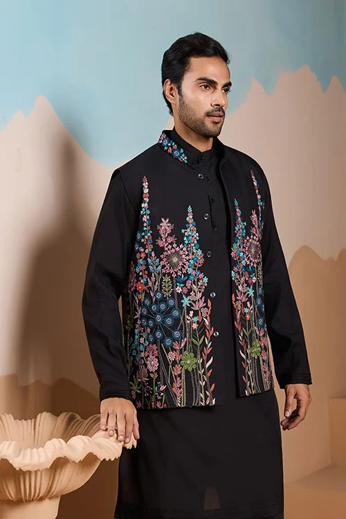 Magic Black Wedding Look Koti Kurta Set for Mens Wear