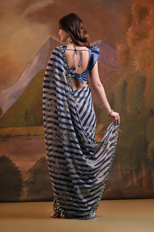 Black Georgette Saree with Leriya Print & Mirror Work