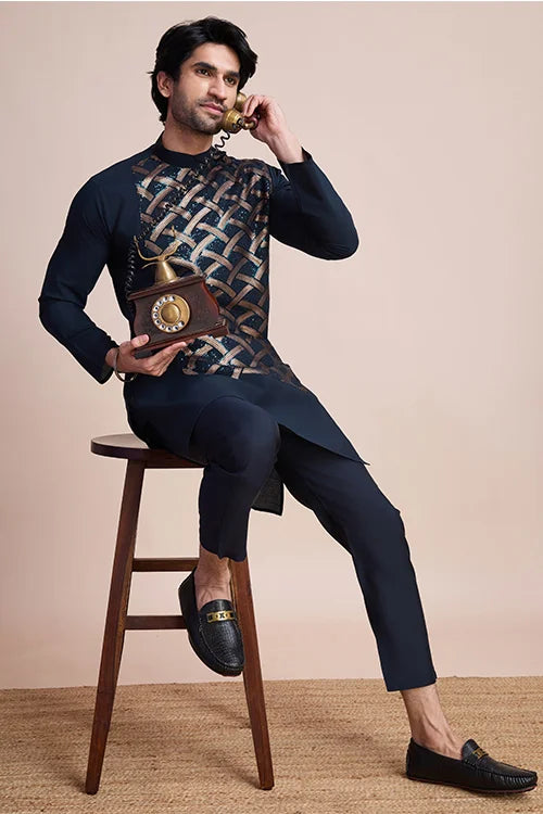 Traditional Embroidered Navy Silk Kurta For Men