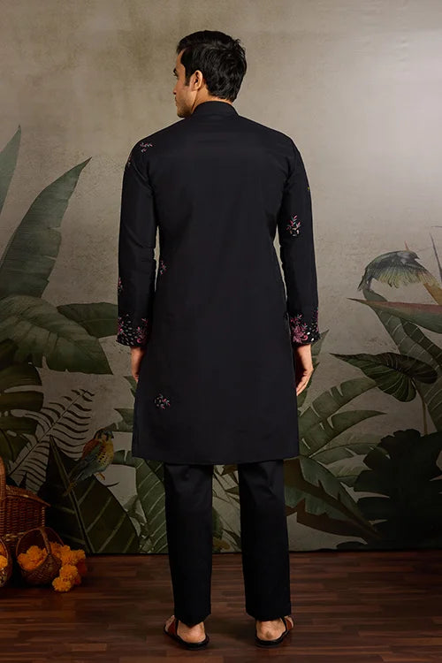 Black Mirror Work with Embroidered Kurta Set for Men
