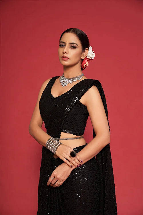 Bollywood Designer Black Georgette Silk Saree Online