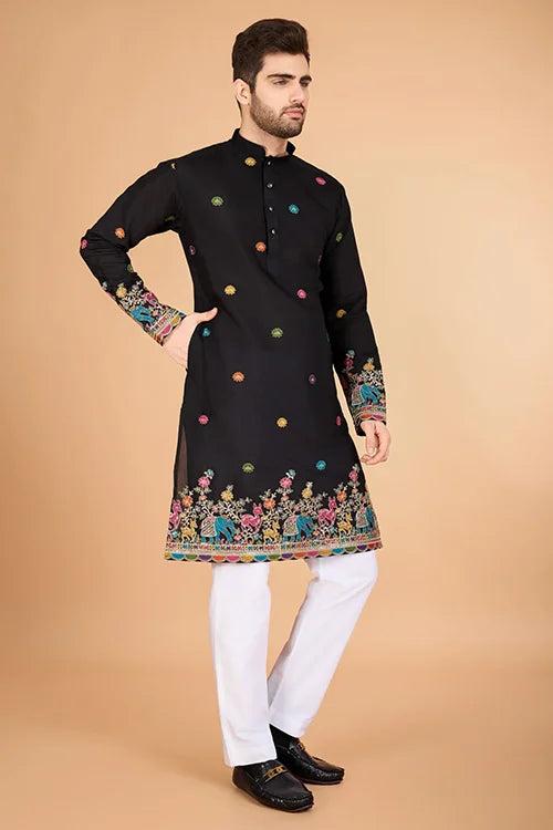 Black Designer Viscose Silk Kurta with Thread Work