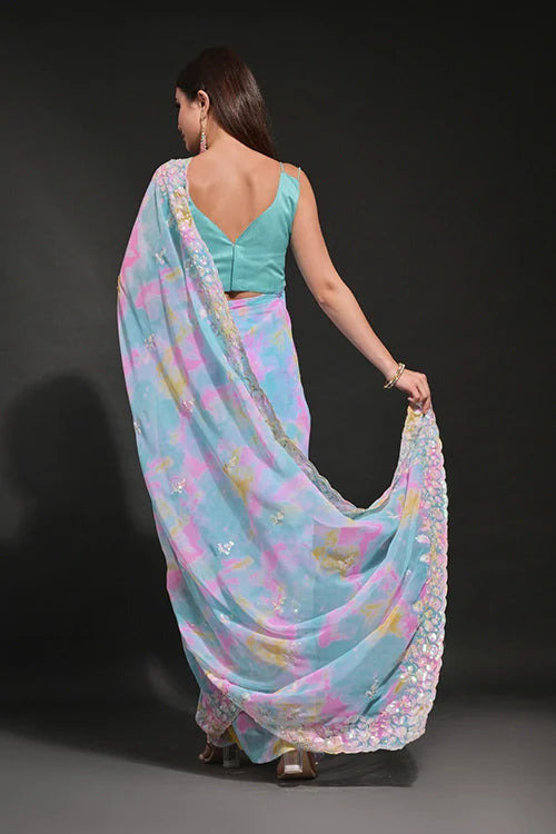 Blue Georgette Saree with Sequins Embroidery Work