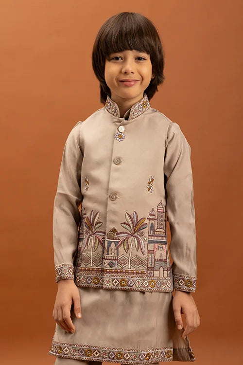 Designer Beige Koti Kurta Set for Kids 6-12 Year