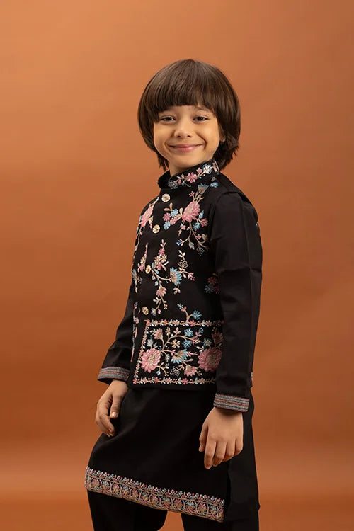 Royal Black Color Koti Kurta Pajama for Little Boys