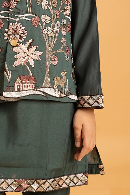 Party & Wedding Special Stylish Green Koti Kurta Set for Kids