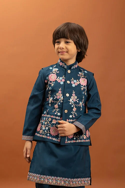 Bottle Green Kids Kurta Pajama with Koti Set