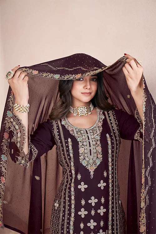 Brown Georgette Embroidered Pakistani Designs Suits