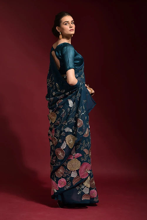Bollywood Designer Petrol Saree with Embroidery Work