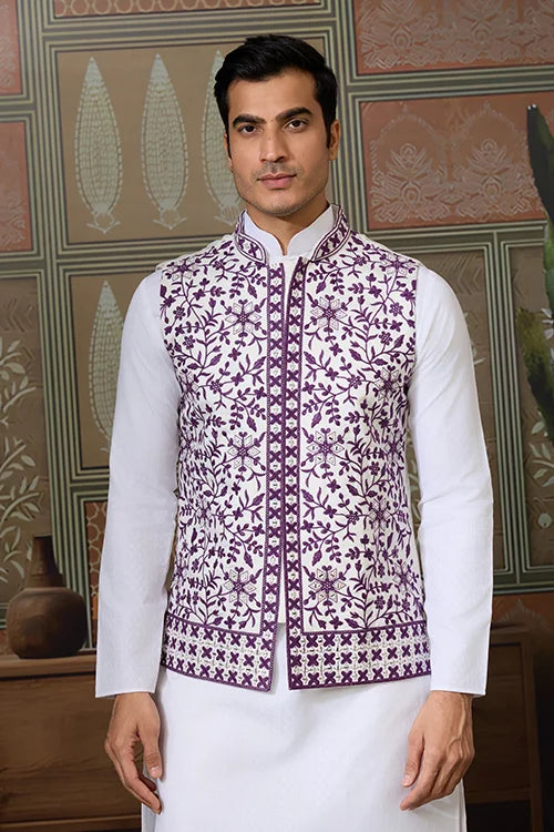 Classic White Mens Kurta Pajama With Stylish Purple Koti