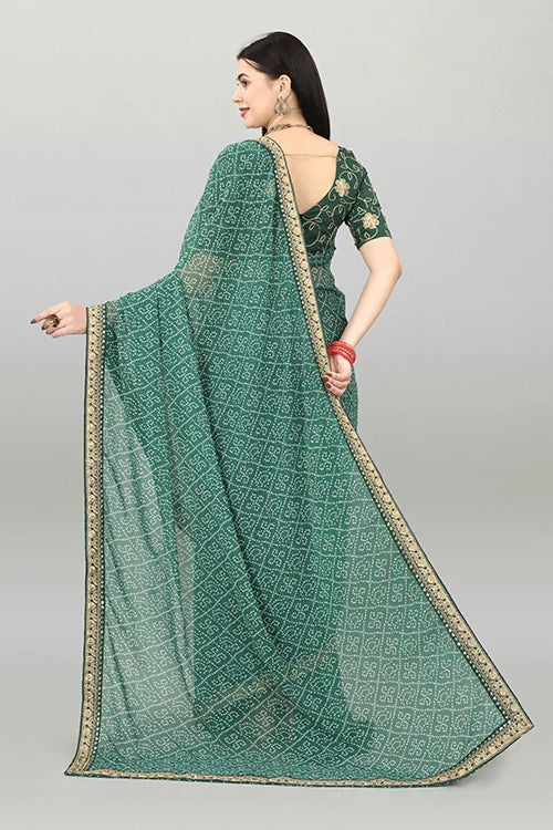 Green Bandhani Georgette Saree with Embroidered Blouse Piece