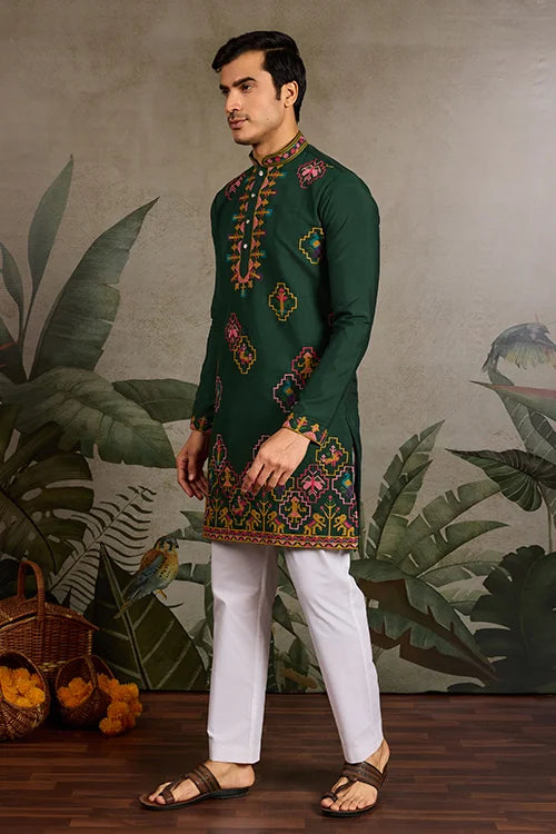 Embroidered Look Wedding Green Kurta for Men