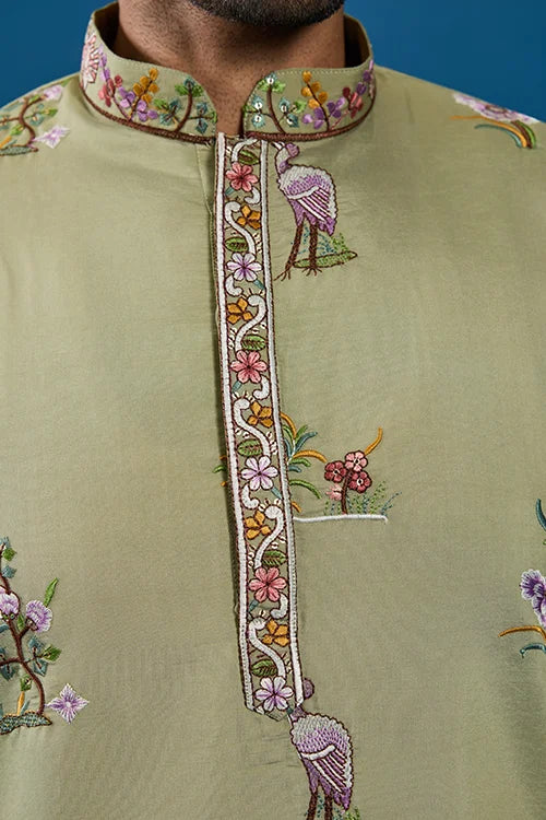 Traditional Pista Green Embroidered Kurta for Men