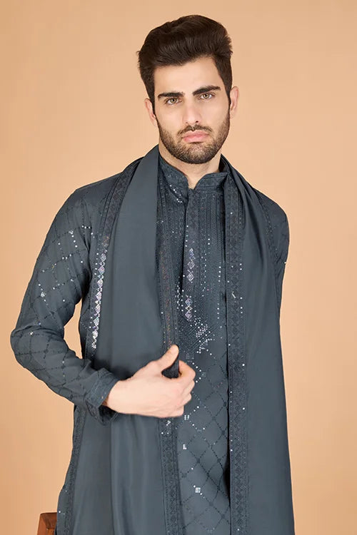 Designer Grey Sequence Embroidered Gents Kurta