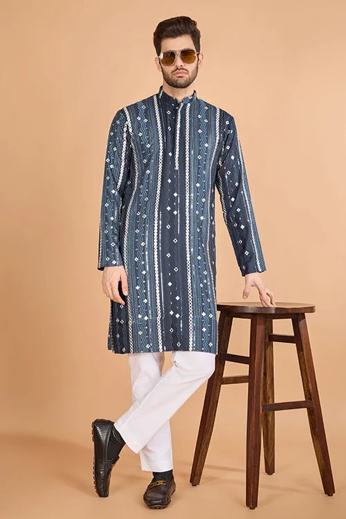 Grey Sequence with Mirror Foil Embroidered Mens Wear Kurta