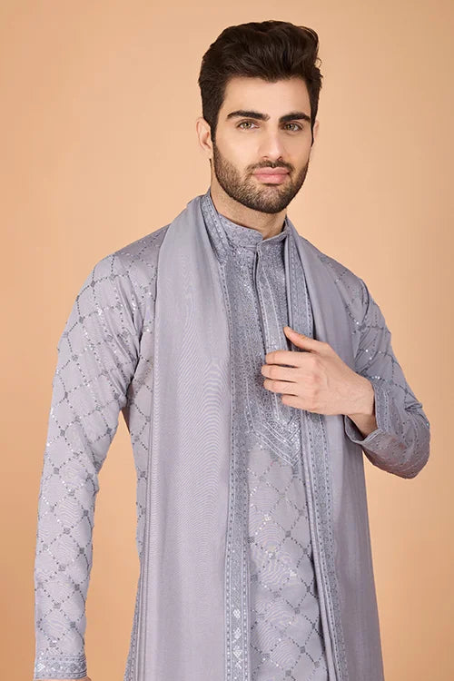 Designer Grey Viscose Silk Men's Kurta – Elegant Wedding Attire