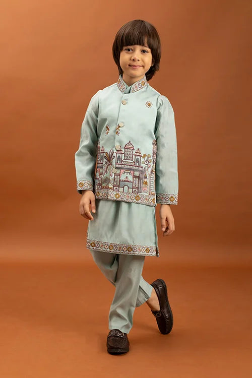 Wedding Sky Blue Koti Kurta Set for Kids 6-12 Yrs