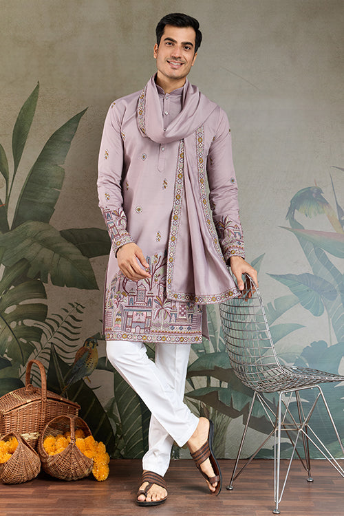 Premium Dusty Pink Color Embroidered Kurta With Pajama Set For Men
