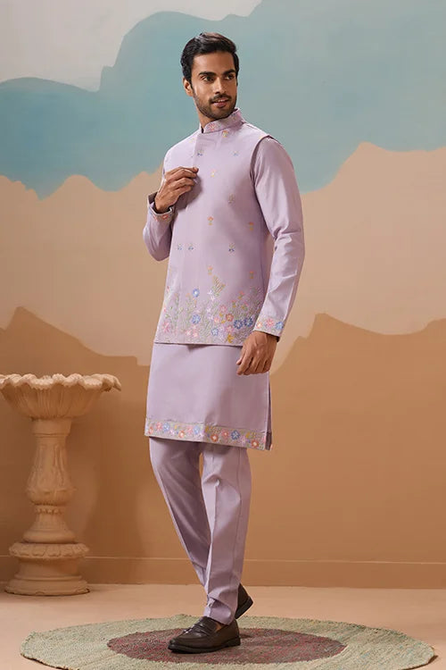 Trendy Lavender Wedding Celebration Beige Kurta Koti Pant Mens