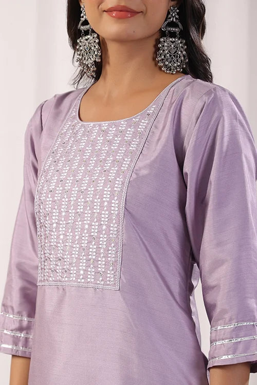 Lavender Viscose Chanderi Kurti Set with Organza Dupatta