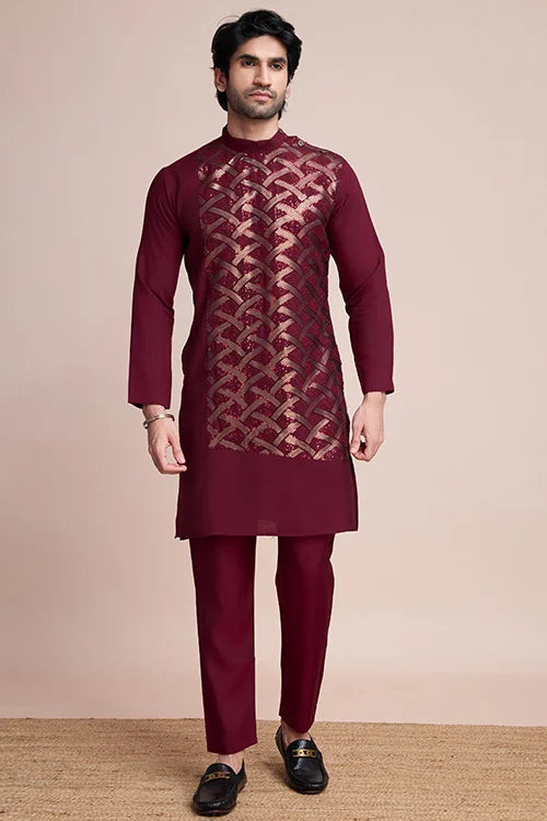 Designer Maroon Men's Silk Kurta For Special Events
