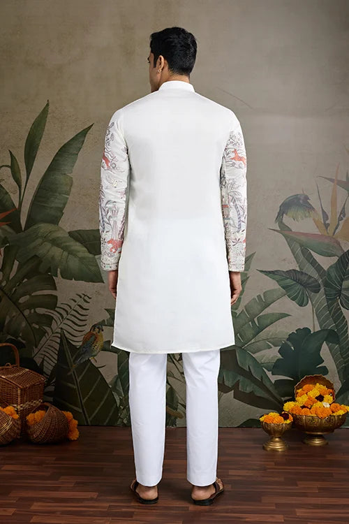 Designer White Silk printed kurta for men