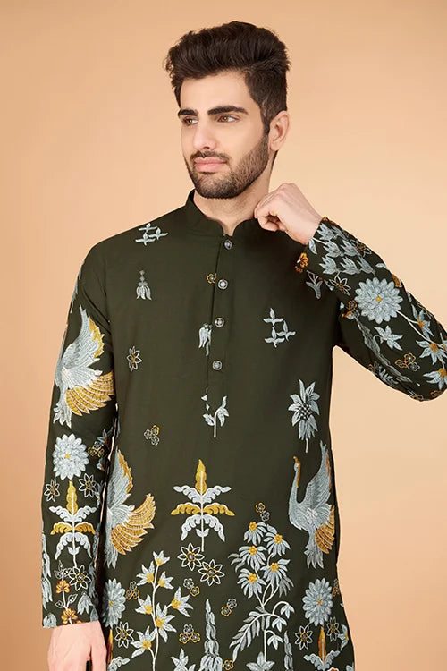 Olive Viscose Rayon Designer Men's Kurta for Festive