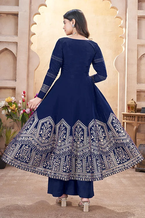 Navy Blue Roman Silk Ready To Wear Mirror Work Festive Suit