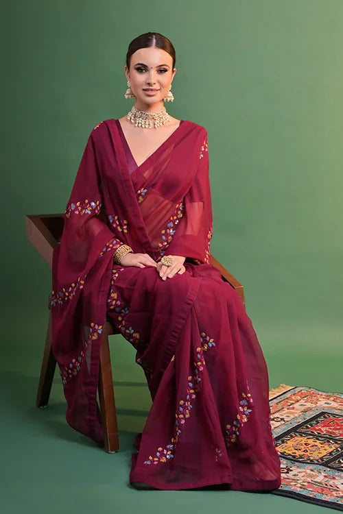 Maroon Heavy Georgette Sequin Embroidery Saree