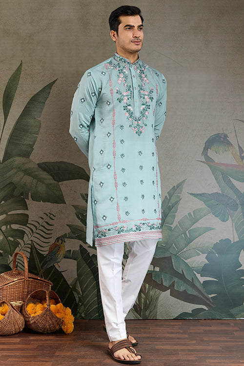 Sky Color Embroidered Kurta Pajama For Men