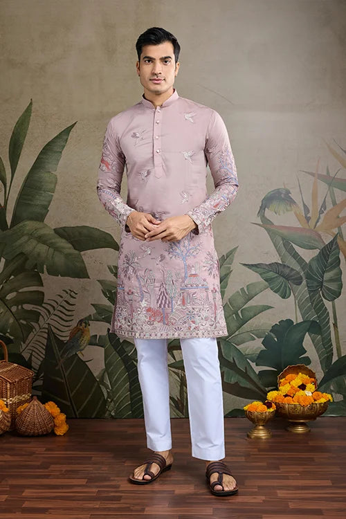 Designer Peach Viscose Silk fancy kurtas for men
