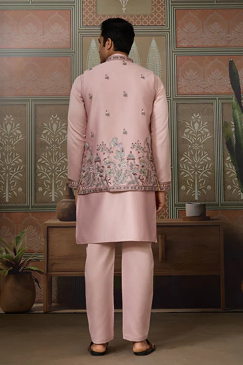 Pink Unique Color Embroidered Koti Kurta Pajama for Mens