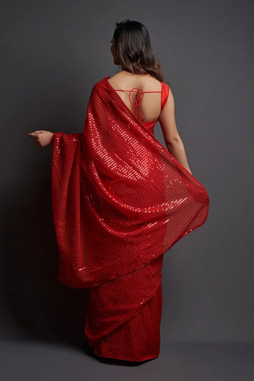 Bollywood Style Red Georgette Silk Saree with Blouse