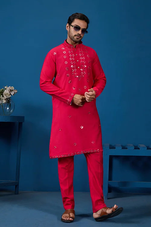Designer Rani Mirror Embroidered Kurta for Mens Wear