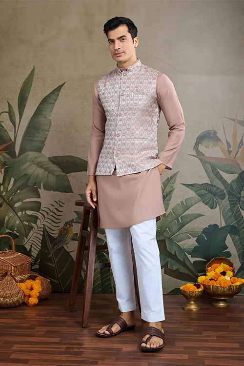 Dusty Brown Silk Kurta with Jacquard Koti Jacket