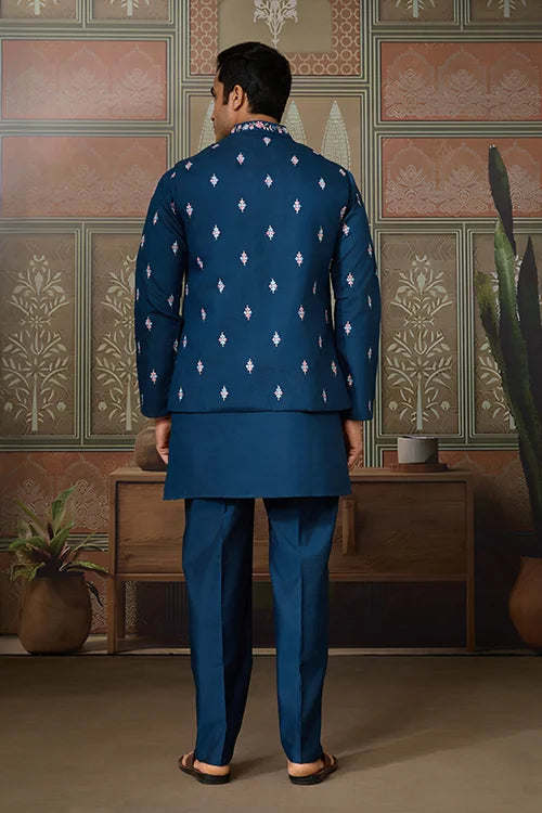 Modern Teal Blue Open Koti Kurta Set for Men