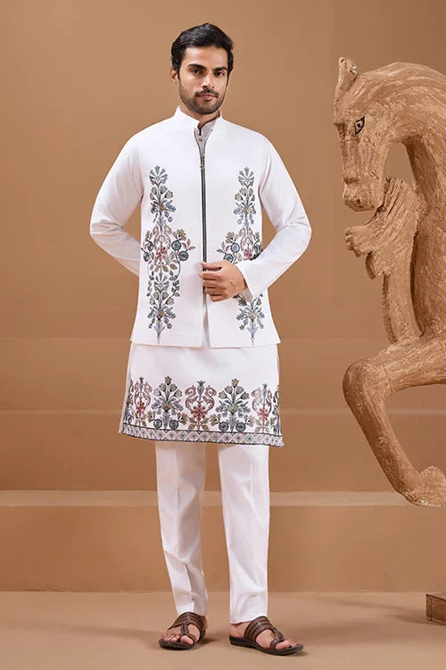 Wedding Special White Color Koti Kurta Set for Mens Wear
