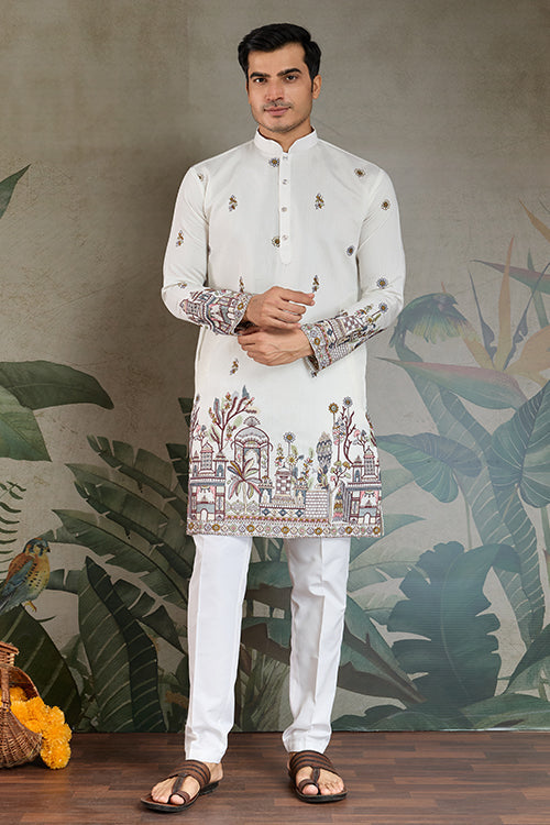 Classic White Kurta Pajama For Men With Rich Embroidery