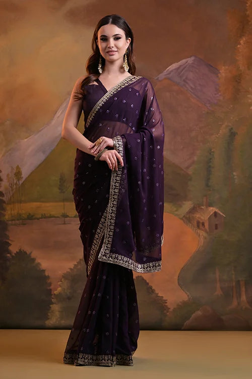 Stylish Wine Saree with Sequence Lace Border Online
