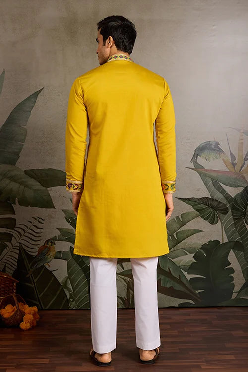 Haldi Special Yellow Embroidered Kurta for Men