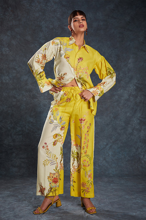 Yellow Linen Print Work Co-Ord Set