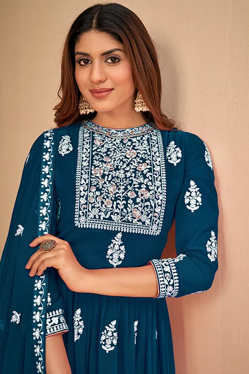 Stylish Party Wear Thread And Sequins Embroidered Work Gown