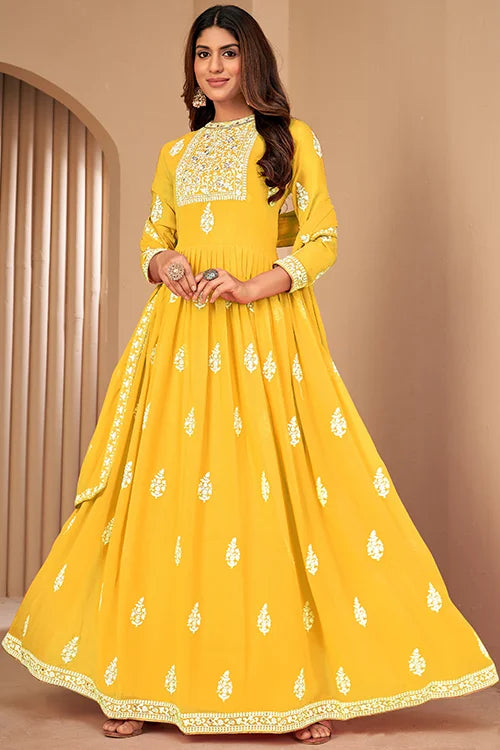 Stylish Party Wear Thread And Sequins Embroidered Work Gown