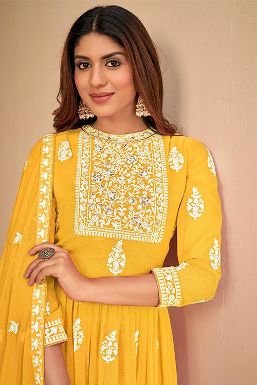 Stylish Party Wear Thread And Sequins Embroidered Work Gown