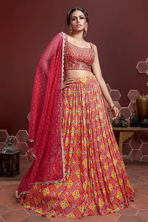 Stylish Red Chinon Silk Embroidered Lehenga Choli With Dupatta
