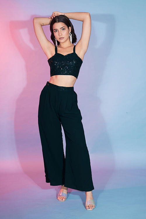 Stylist Party Wear Green Georgette Thread With Sequins Co-Ords Collection