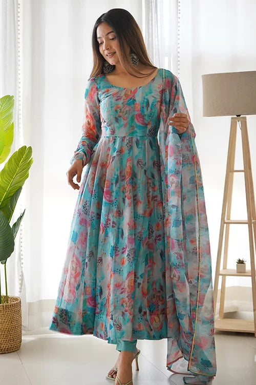 Bright Colour Anarkali Gown with Dupatta for Summer Wear