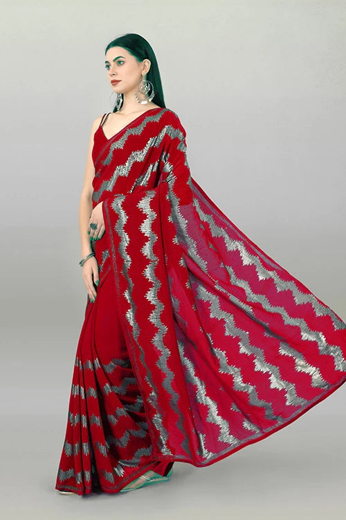 Designer Red Saree with Box Piping & Embroidery Work