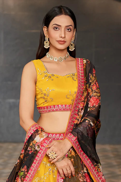 Sweet Yellow-Black Sequins Thread Work Bridal Lehenga Choli With Dupatta