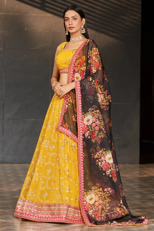 Sweet Yellow-Black Sequins Thread Work Bridal Lehenga Choli With Dupatta